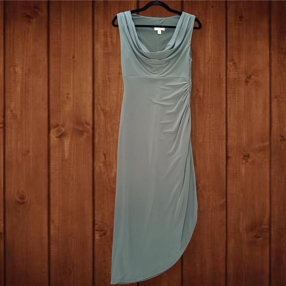 Premier Amour Sage Green Cowl Neck Ruched Asymmetrical Maxi Dress Size 4